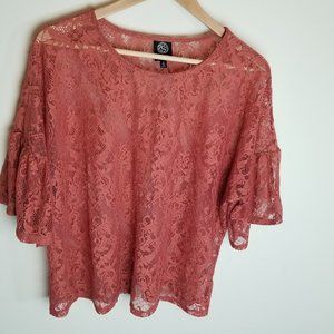 BOBEAU Brown Burnt Orange Lace Top